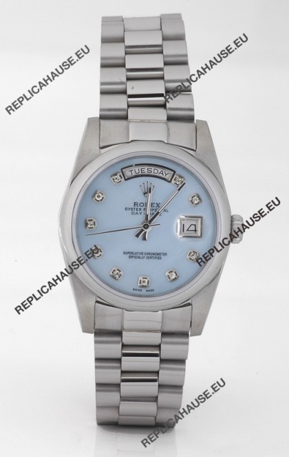 Rolex Day Date Silver Swiss Replica Watch in Mother Of Pearl Blue Dial