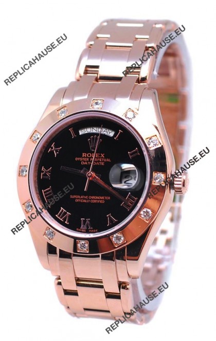 Rolex Day Date Rose Gold Swiss Replica Watch in Black Dial