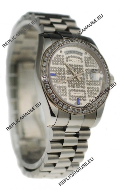 Rolex Day Date Silver Swiss Mens Watch in Diamond Dial