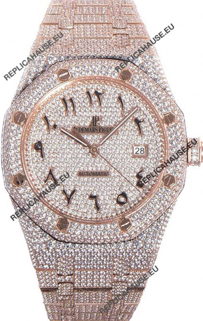 Audemars Piguet Royal Oak 15400 Iced Out Arabic Dial in Rose Gold Casing Swiss Replica Watch