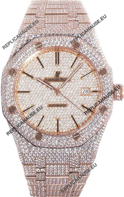 Audemars Piguet Royal Oak 15400 Iced Out Stick Markers Dial in Rose Gold Casing Swiss Replica Watch
