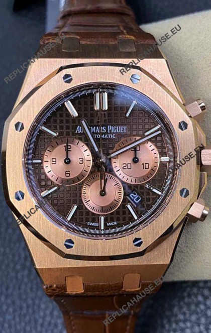 Audemars Piguet Royal Oak Chronograph Rose Gold Brown Dial Leather Strap Swiss Replica Watch