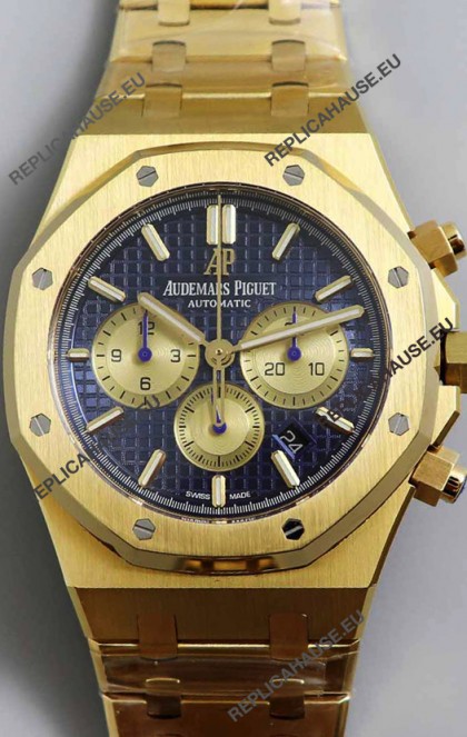 Audemars Piguet Royal Oak Chronograph Yellow Gold Blue Dial Steel Strap Swiss Replica Watch