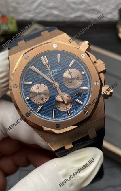 Audemars Piguet Royal Oak Chronograph Rose Gold Blue Dial Leather Strap Swiss Replica Watch