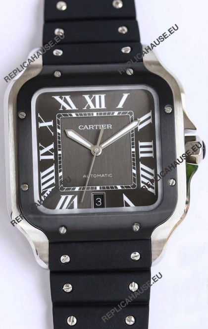 Santos De Cartier 1:1 Black DLC Bezel Swiss Replica Watch 40MM - Rubber Strap