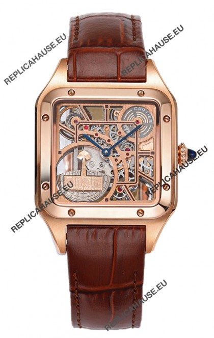Cartier Santos Dumont Skeleton Rose Gold Watch in Brown Leather Strap 43.5MM