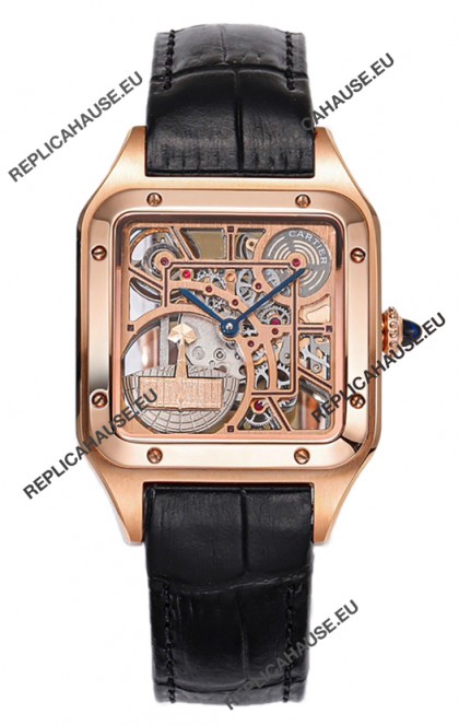 Cartier Santos Dumont Skeleton Rose Gold Watch in Black Leather Strap 43.5MM