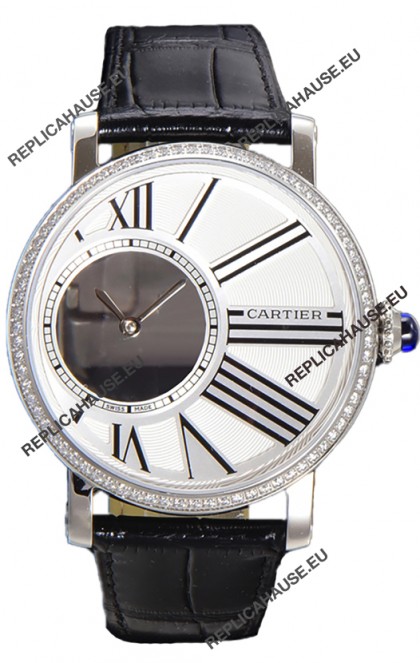 Rotonde De Cartier in Stainless Steel Casing - Leather Strap Swiss Quartz Replica Watch 