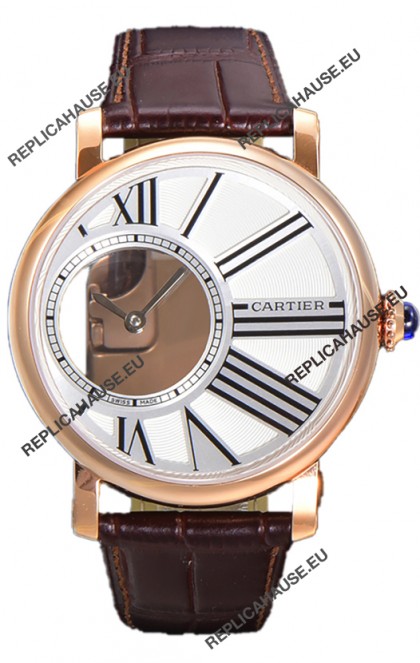 Rotonde De Cartier in Rose Gold Casing - Leather Strap Swiss Quartz Replica Watch 