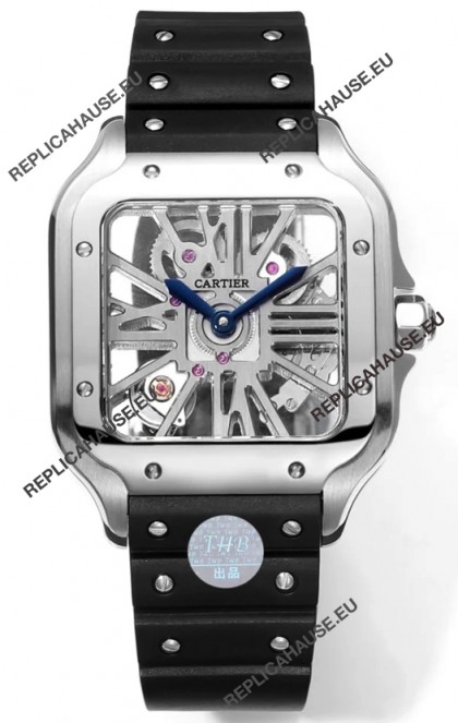 Santos De Cartier Watch in Skeleton Dial - Stainless Steel Casing & Bezel Black Rubber Strap
