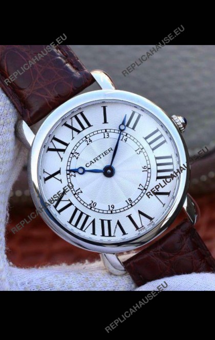 Ronde De Cartier Swiss Replica Watch - White dial in Leather Strap