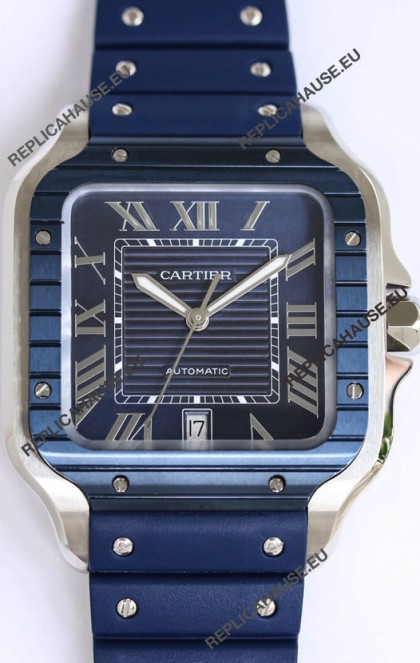Santos De Cartier 1:1 Blue DLC Bezel Swiss Replica Watch 40MM - Rubber Strap