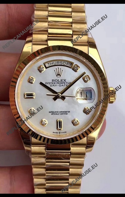 Rolex Day Date 36MM Yellow Gold M128238 in White Mother of Pearl Dial 1:1 Mirror Replica Watch