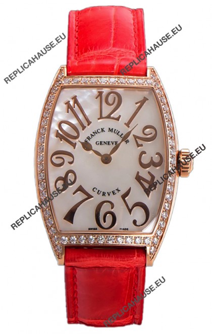 Franck Muller Cintree Curvex Mother of Pearl Dial Watch in Rose Gold Plating - Red Strap 