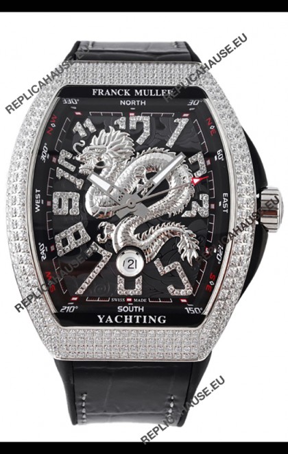 Franck Muller Vanguard Yachting Dragon V45 Black Dial in Diamonds Bezel Swiss Replica