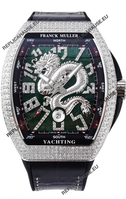 Franck Muller Vanguard Yachting Dragon V45 Green Dial in Diamonds Bezel Swiss Replica