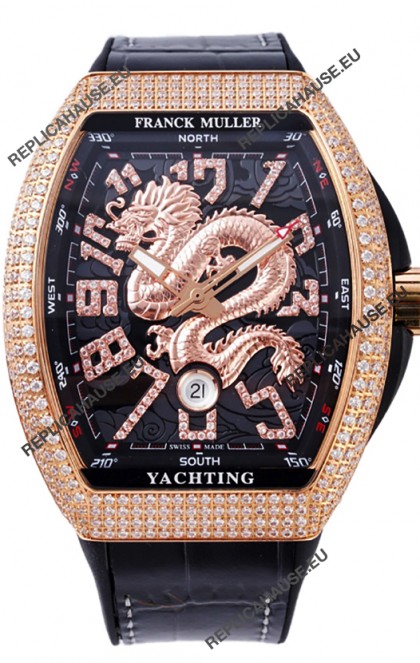 Franck Muller Vanguard Yachting Dragon V45 Black Dial in Gold Diamonds Bezel Swiss Replica