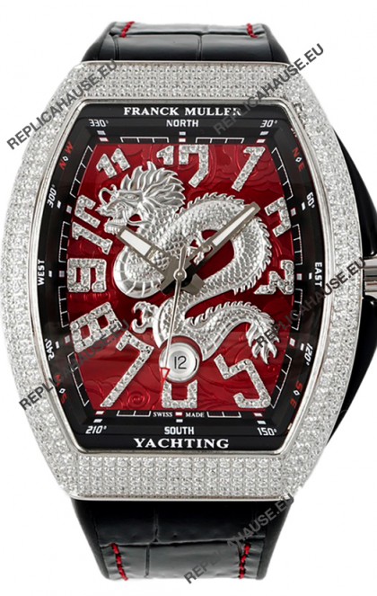 Franck Muller Vanguard Yachting Dragon V45 Red Dial in Rounded Diamonds Bezel Swiss Replica