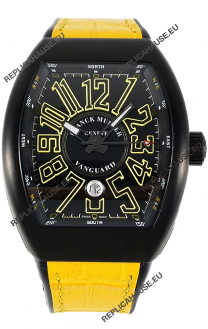 Franck Muller Vanguard in DLC Coated Casing Black Dial Swiss Replica Yellow Strap 
