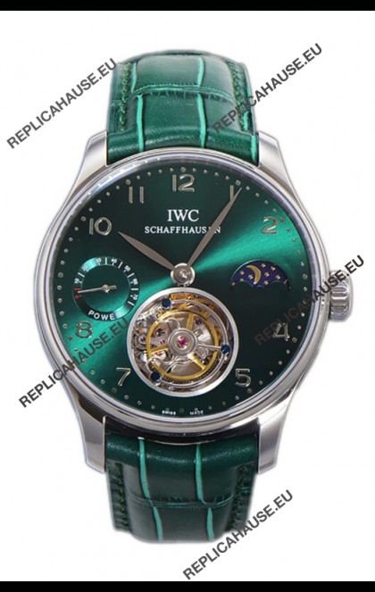 IWC Portugese Hand-Wound Genuine Tourbillon Green Dial Steel Casing Swiss Replica Watch 