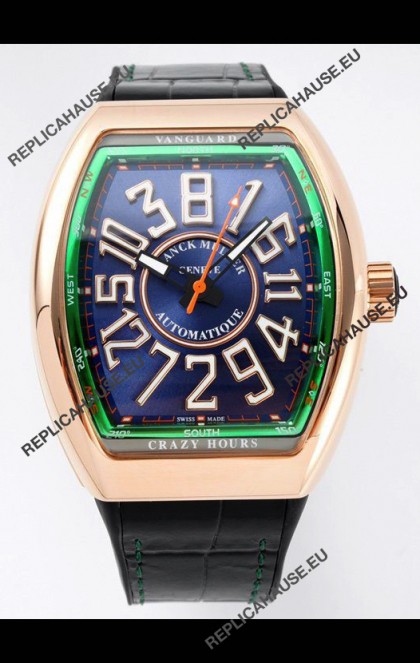Franck Muller Vanguard Crazy Hours in Rose Gold Plating - Steel Blue Dial Swiss Replica Watch 