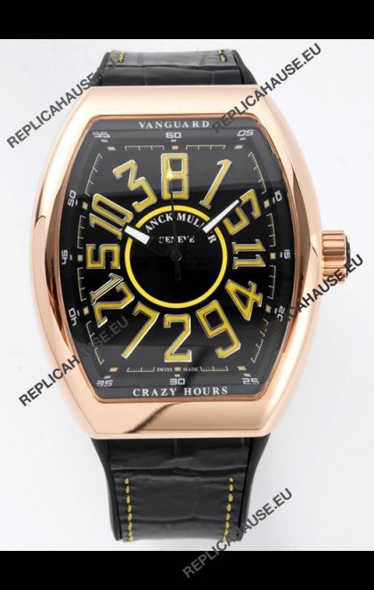 Franck Muller Vanguard Crazy Hours in Rose Gold Plating - Black Dial Swiss Replica Watch 