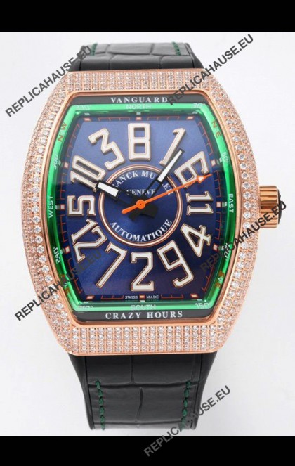 Franck Muller Vanguard Crazy Hours Rose Gold Diamonds - Steel Blue Dial Swiss Replica Watch 