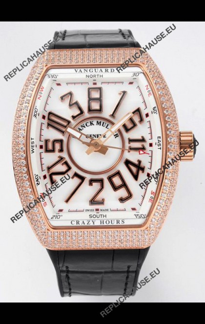 Franck Muller Vanguard Crazy Hours Rose Gold Diamonds - White Dial Swiss Replica Watch 