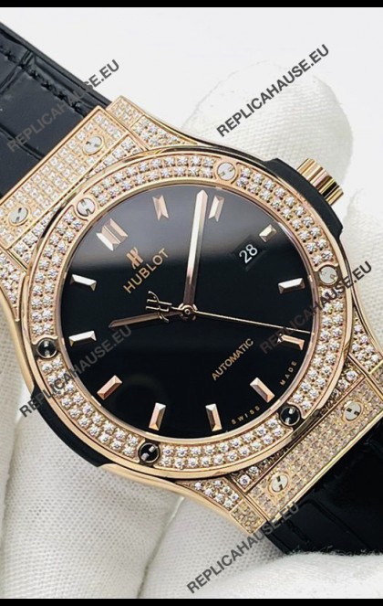 Hublot Classic Fusion Diamonds Rose Gold Black Dial Swiss Replica Watch 1:1 Mirror Quality 