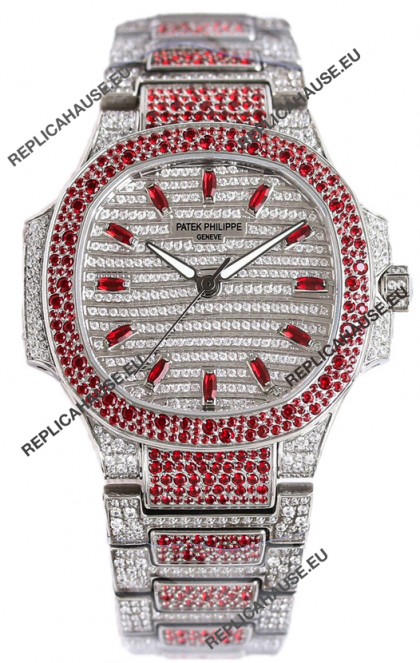 Patek Philippe Nautilus 7118R 35MM 1:1 Red Diamonds Paved Watch in Steel Casing 