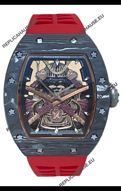 Richard Mille RM047 Samurai Genuine Tourbillon Watch in Carbon Casing Red Strap