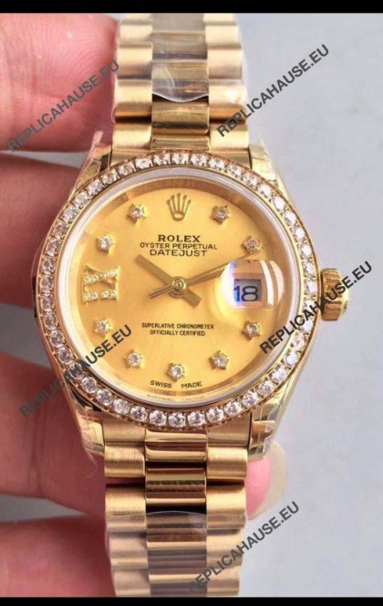 Rolex Datejust Ladies 28MM Cal.3135 Movement Swiss Replica in Gold Dial - 904L Steel Yellow Gold Case