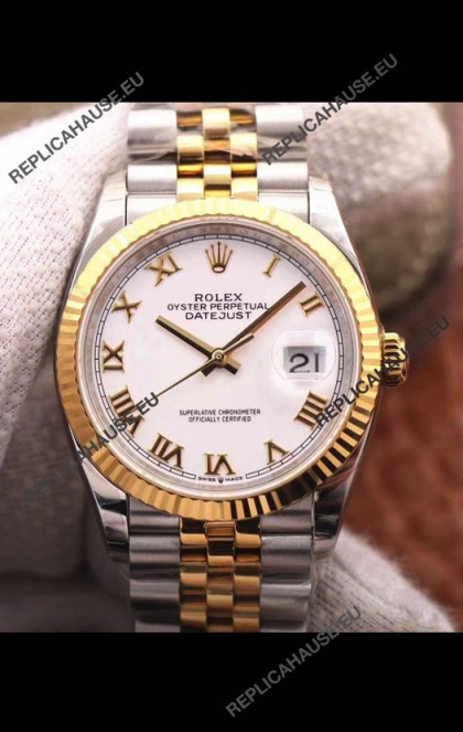 Rolex Datejust 36MM Cal.3135 Movement Swiss Replica Watch in 904L Steel Two Tone Casing White Dial
