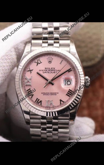 Rolex Datejust 36MM Cal.3135 Movement Swiss Replica Watch in 904L Steel Pink Dial 