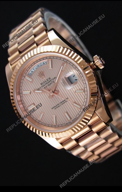 Rolex Day-Date 40MM Rose Gold in Pink Gold Textured Dial Roman Numerals Swiss Watch