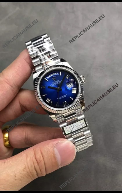 Rolex Day Date Super Clone Stainless Steel Blue Dial Large Roman Numerals Watch 36MM - 1:1 Mirror Quality