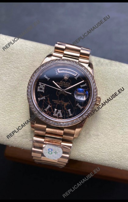 Rolex Day Date Super Clone Rose Gold Eisenkiesel Dial Diamonds Numerals Watch 36MM - 1:1 Mirror Quality