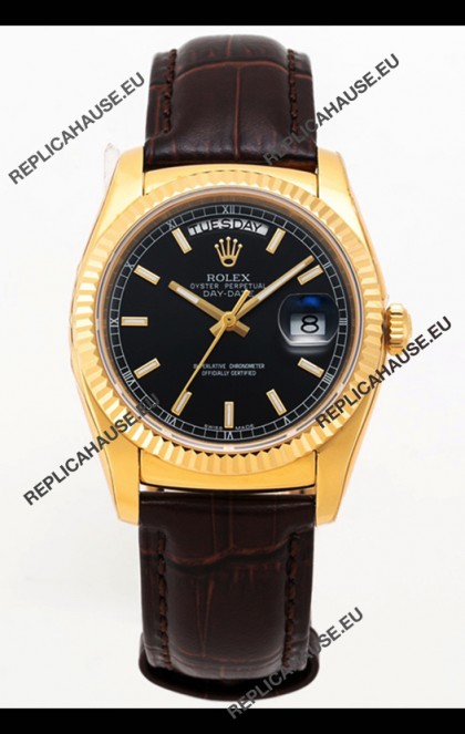 Rolex Day Date Yellow Gold 904L Steel Casing Watch in Black Dial 36MM - 1:1 Mirror Quality