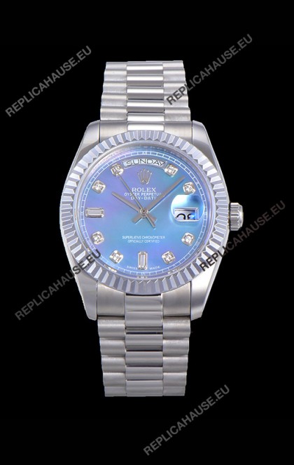 Rolex Day Date Watch in Blue Dial with Diamonds Hour Numerals ETA Movement - 904L Steel 