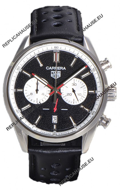 Tag Heuer Carrera Chronograph 43 Swiss Quartz Replica Watch Black Dial Leather Strap 