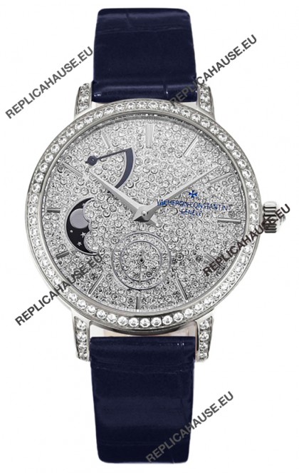 Vacheron Constantin Traditionelle Moon Phase Diamond Paved Dial in White Gold Swiss Replica