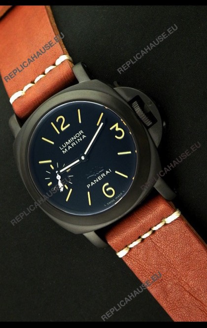 Panerai Luminor Marina Black Seal PVD Swiss Watch in Brown Strap
