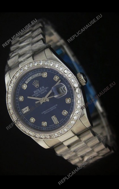 Rolex Day Date Just JapaneseÂ Replica Blue Watch in Full Diamond Bezel