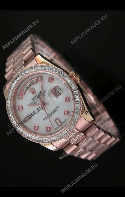 Rolex Oyster Perpetual Day Date Japanese Rose Gold Automatic Watch in White Mother of Pearl Dial