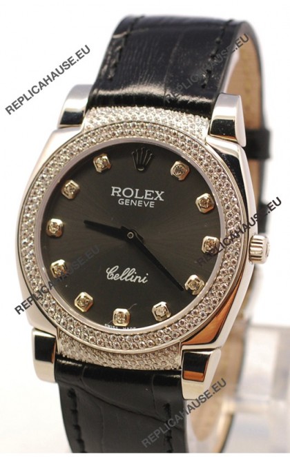Rolex Cellini Cestello Ladies Swiss Watch in Matte Black Face and Diamond Bezel