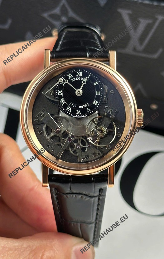 Breguet Tradition 7057BR/R9/9W6 Rose Gold Casing Single Tourbillon Swiss Replica Black Strap Watch