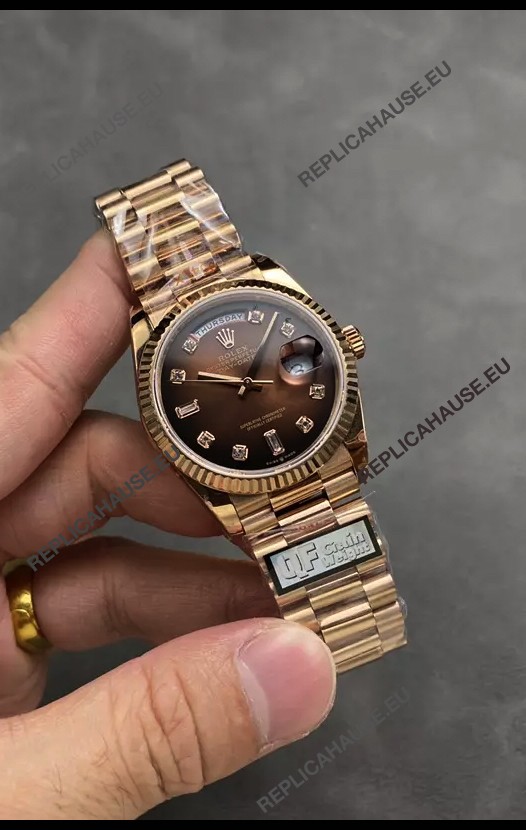 Rolex Day Date Super Clone Rose Gold Brown Dial Diamonds Numerals Watch 36MM - 1:1 Mirror Quality