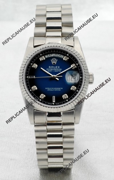 Rolex Day Date Silver Swiss Replica Watch in Blue Dial