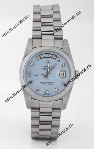 Rolex Day Date Silver Swiss Replica Watch in Mother Of Pearl Blue Dial