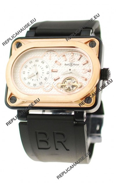 Bell and Ross BR Minuteur Tourbillon Japanese Replica Gold Watch in White Dial